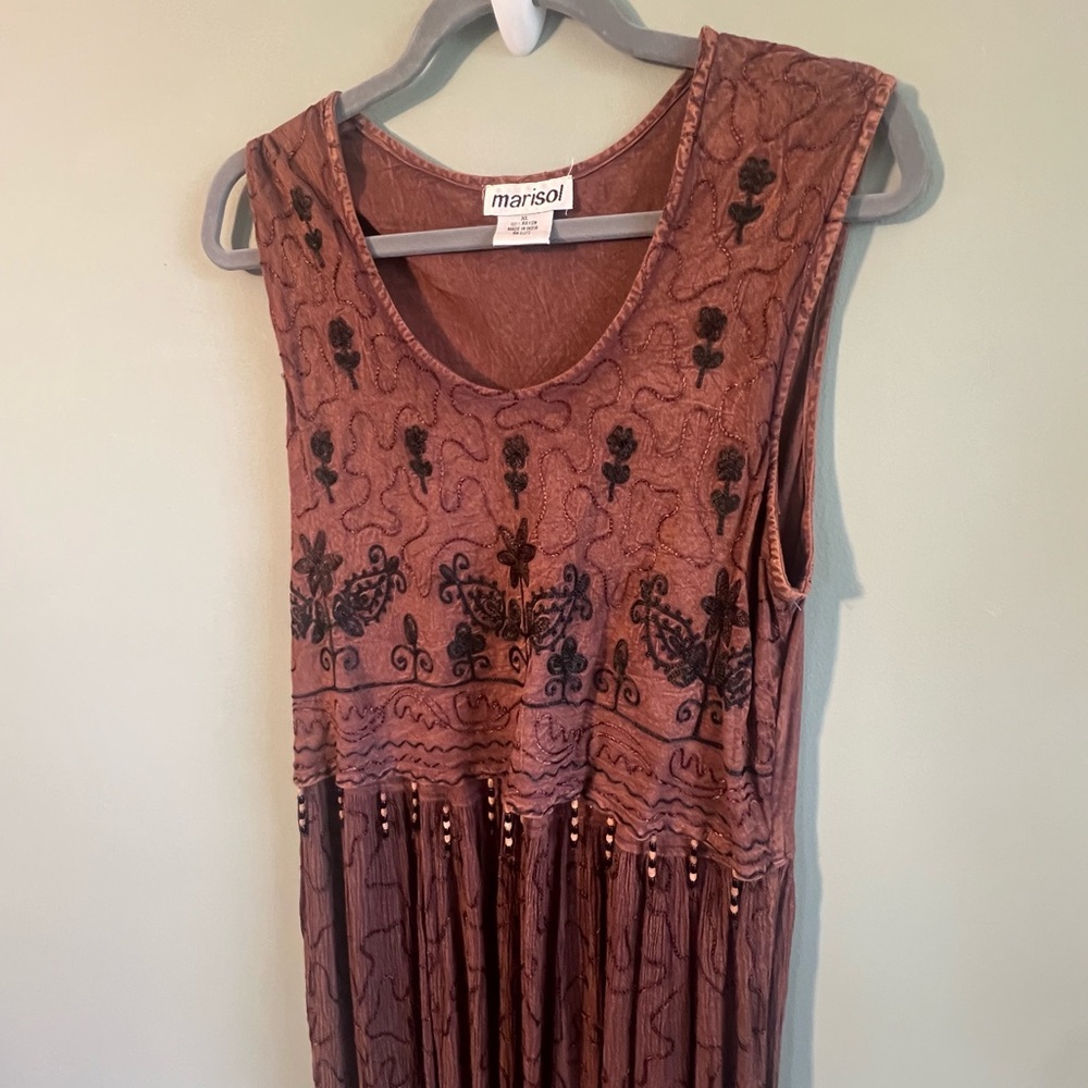 VTG Marisol Brown MIDI Cottagecore Dress Boho Embroidered Sleeveless Bead, XL - Picture 5 of 14